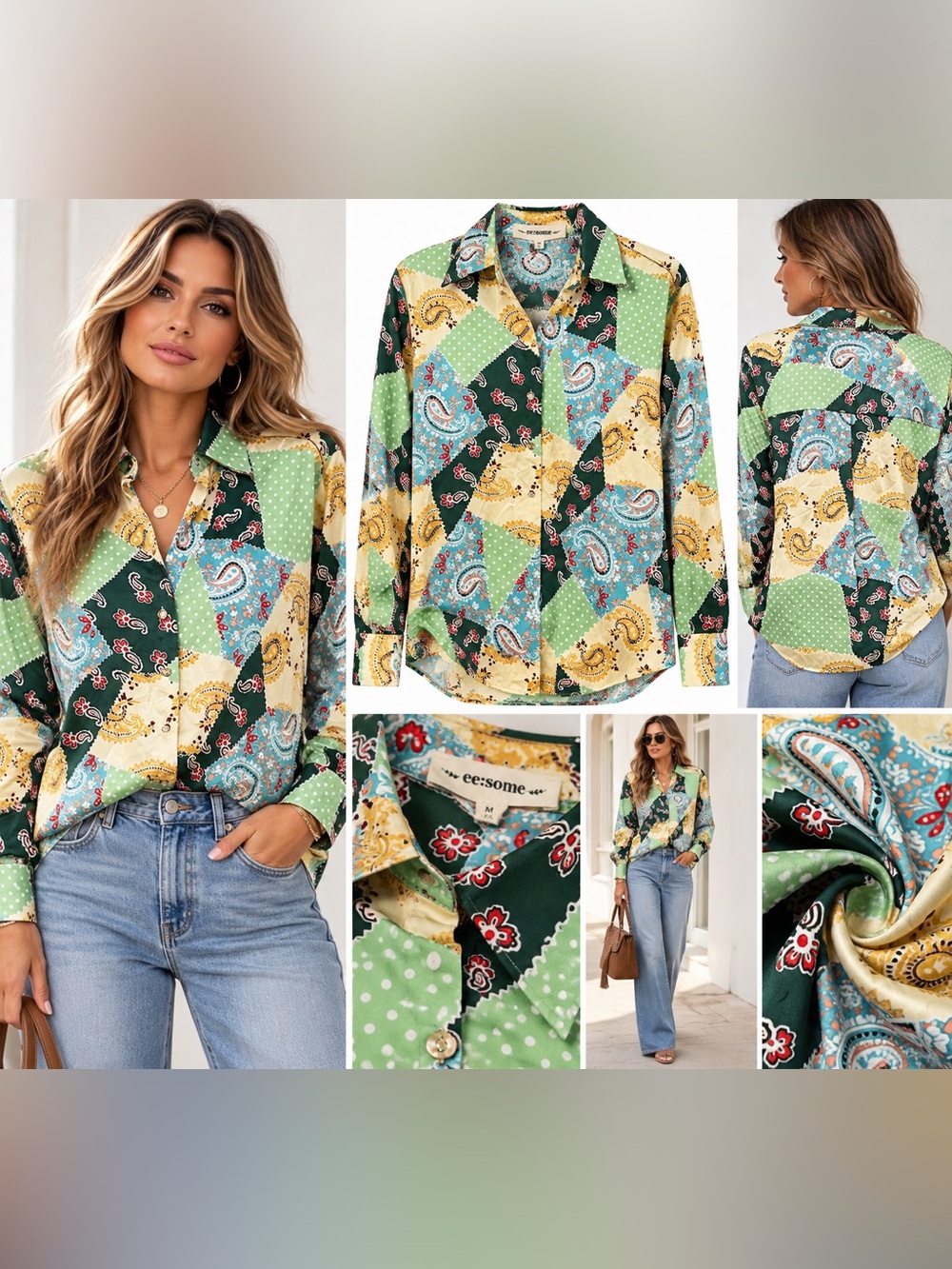 ee:some The Punchy Flare Patchwork Paisley Satin Button-Down Shirt Paisley